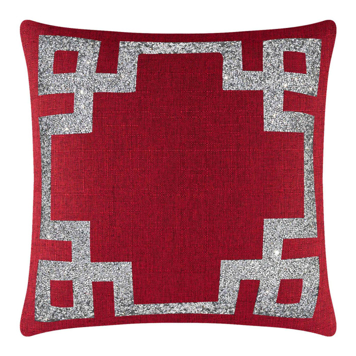 Red square pillow featuring a Greek Key pattern with a silver rhinestone border and a textured fabric surface.