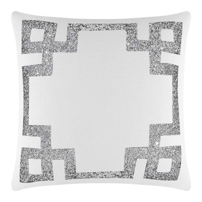 White pillow featuring a silver rhinestone Greek Key border soft texture and a square shape measuring 16"x16".