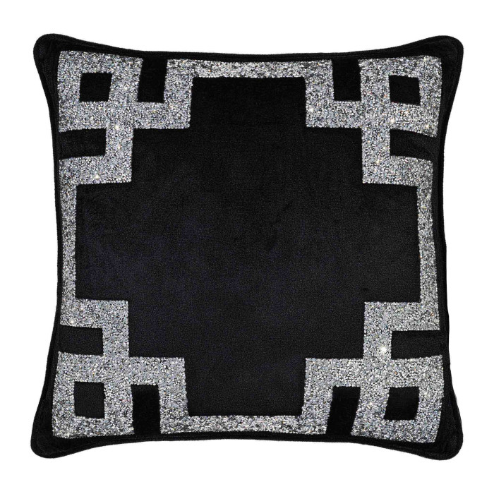 Black pillow with a Greek Key motif featuring a silver rhinestone border and soft texture measuring 16"x16".