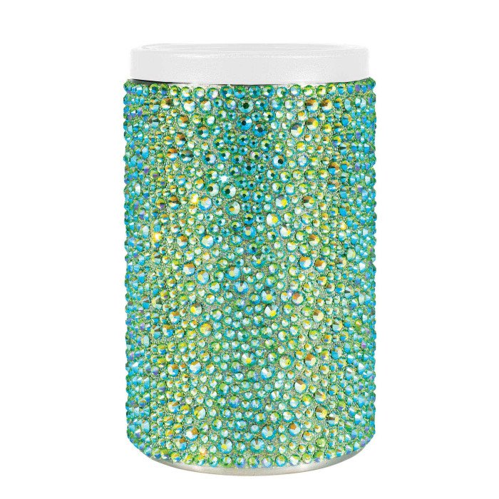 Lime iridescent stainless steel can insulator covered in glass rhinestones with a white acrylic lid.