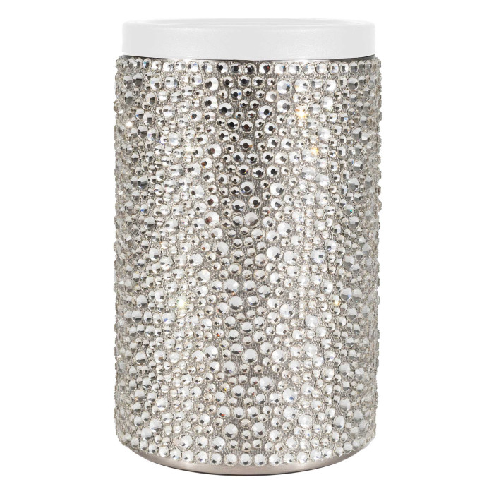 Silver stainless steel can insulator covered in glass rhinestones with a white acrylic lid on top.