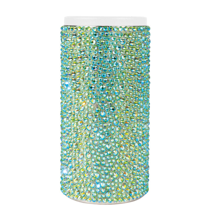 Tall cylindrical can insulator covered in lime iridescent crystals with a smooth white top and textured green base.
