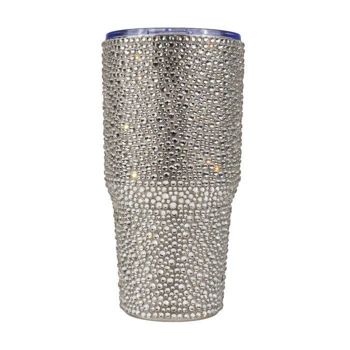 Silver stainless steel tumbler covered in rhinestones with a double-walled design and a blue rim at the top.