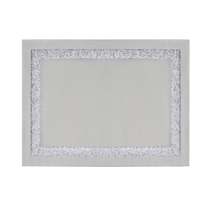 Elegant rectangular tray with mirrored glass surface silver crystal stripe border and smooth gray edges.