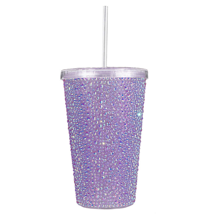 Lavender iridescent acrylic tumbler with rhinestone embellishments clear lid and straw cylindrical shape 16 oz capacity.