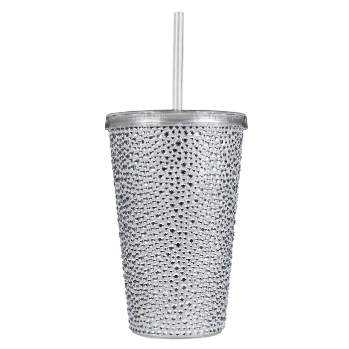 Silver acrylic tumbler with rhinestone embellishments clear lid and straw featuring a wide cylindrical shape.