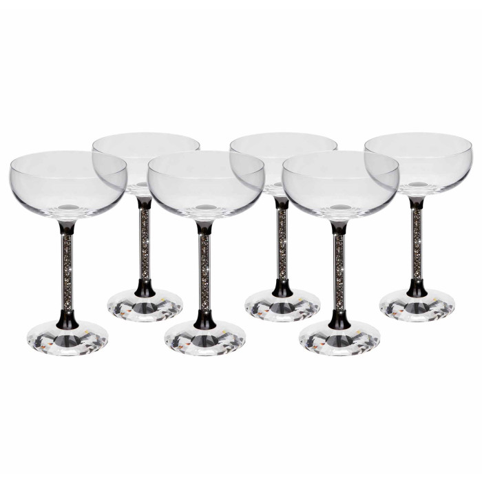 Set of 6 clear stem coupe glasses with black stems crystal embellishments and faceted bases.