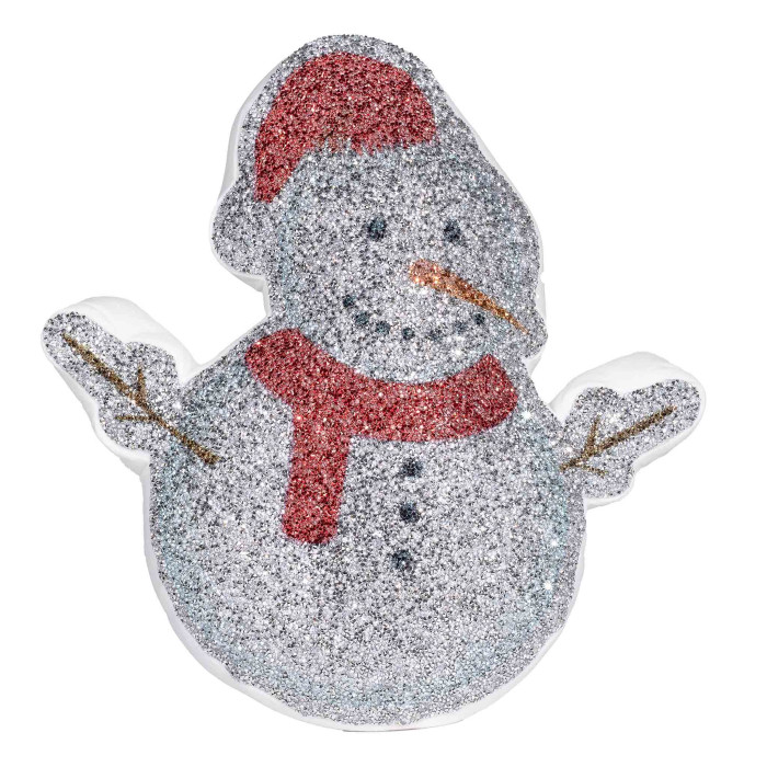 Snowman-shaped pillow with a glittery silver body red scarf and hat featuring a rhinestone-encrusted face and plush texture.
