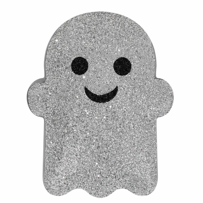 Silver glitter ghost-shaped pillow with black eyes and smile plush filling and smooth edges.