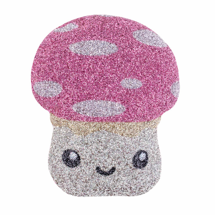 Toadstool-shaped pillow with a pink glittery cap white spots silver body and black eyes featuring a smiling expression.