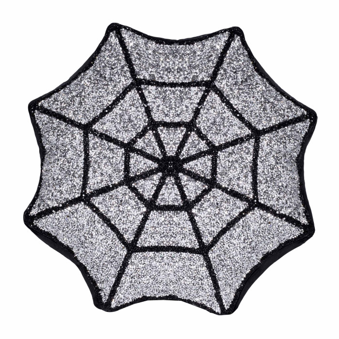 Spiderweb shaped pillow with a silver glitter surface and black embroidered web design featuring black and silver rhinestones.