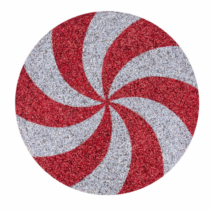 Round placemat featuring red and silver glittery spiral pattern with a textured surface.