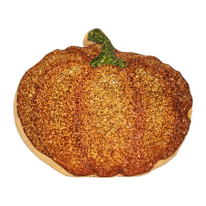 Pumpkin-shaped pillow in orange glitter with a green stem and beige base plush texture measuring 15"x18".