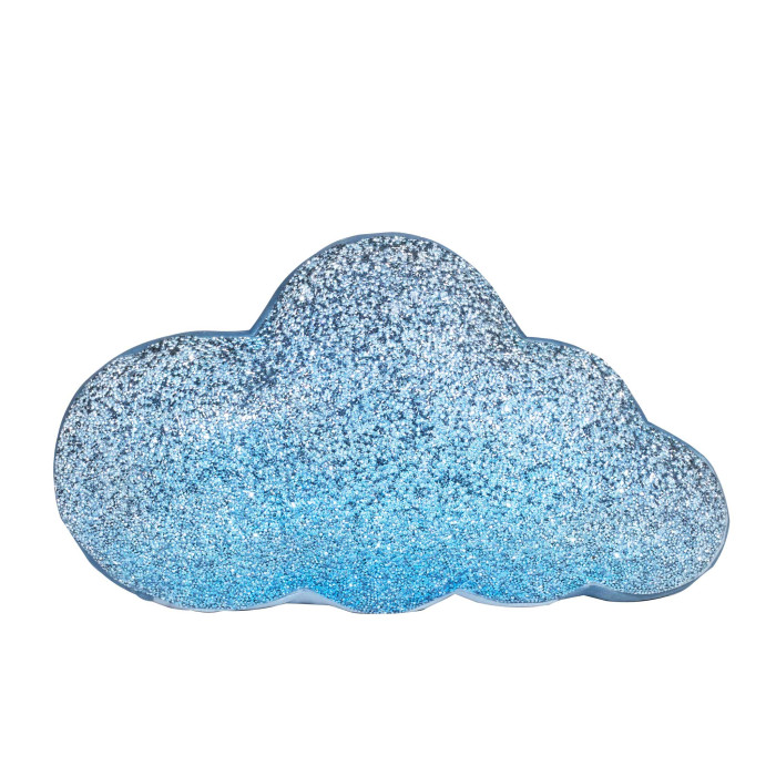 Cloud-shaped pillow covered in blue ombre rhinestones with a smooth light blue edge and a textured glitter surface.