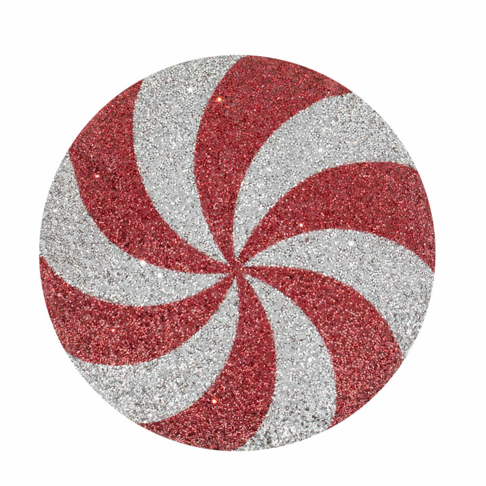 Red and silver glitter peppermint swirl pillow with a circular shape and a soft velvet back 15 inches in diameter.