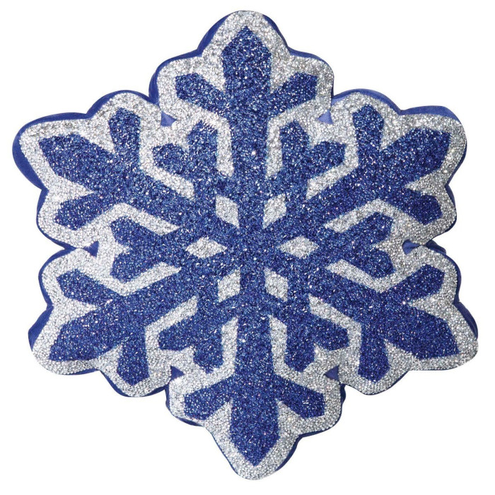 Navy snowflake-shaped pillow with shimmering silver rhinestones and a soft velvet back featuring a glittery texture.