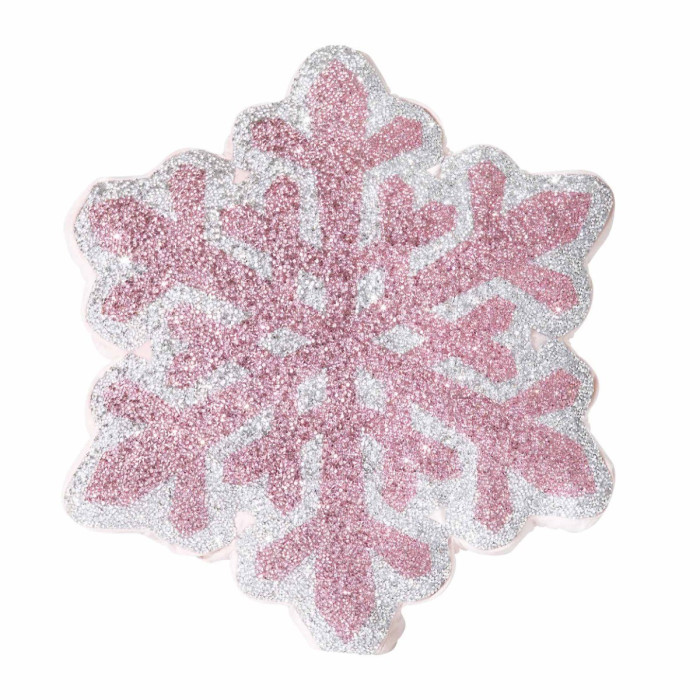 Pink and silver snowflake-shaped pillow with a glittery surface and soft velvet backing featuring rhinestone embellishments.