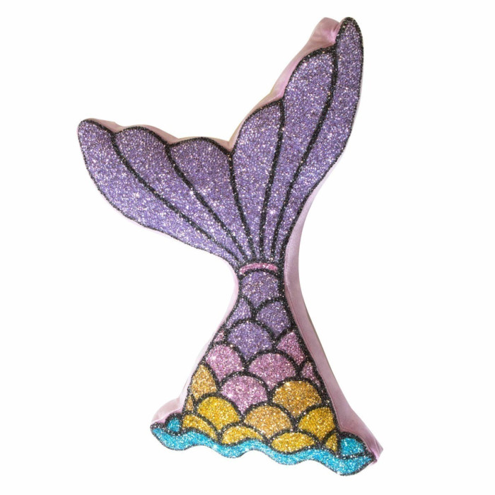 Mermaid tail-shaped pillow in purple glitter with pink edges featuring scales in pink yellow and aqua at the fin.