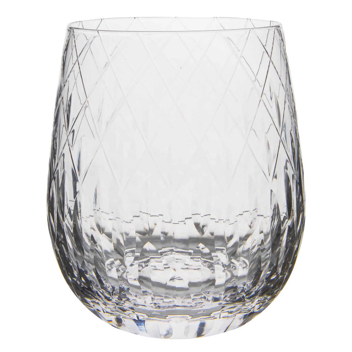 Clear crystal rocks glass with a marquise cut design featuring diamond-shaped facets and a rounded base.
