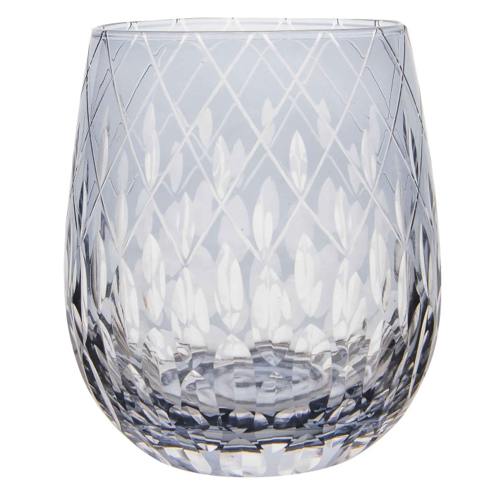 Clear crystal rocks glass with marquise cut design featuring diamond patterns and a smooth rounded base.