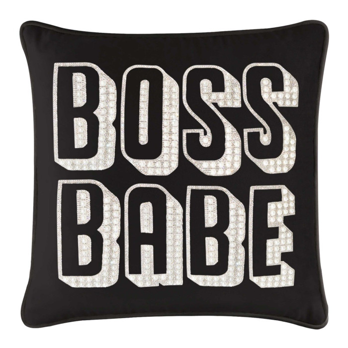 Black velvet pillow featuring large white letters "BOSS BABE" embellished with faux pearls and rhinestones.