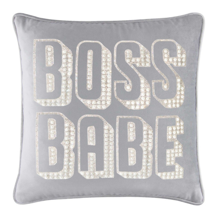 Silver velvet pillow with "BOSS BABE" in faux pearls and rhinestones featuring a soft texture and piped edges.