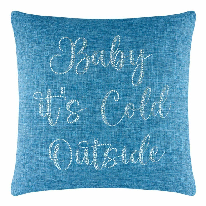 Aqua pillow with a textured fabric featuring glass rhinestones spelling "Baby it's Cold Outside" in cursive font.