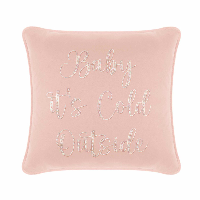 Blush velvet square pillow with glass rhinestone embellishments spelling "Baby it's Cold Outside".
