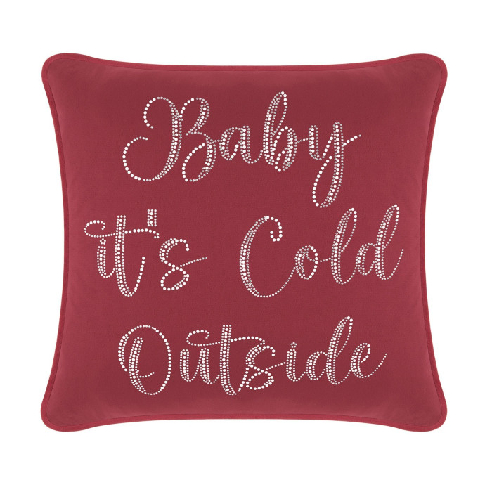 Burgundy velvet pillow with white glass rhinestones spelling "Baby it's Cold Outside" in cursive font 16x16 inches.
