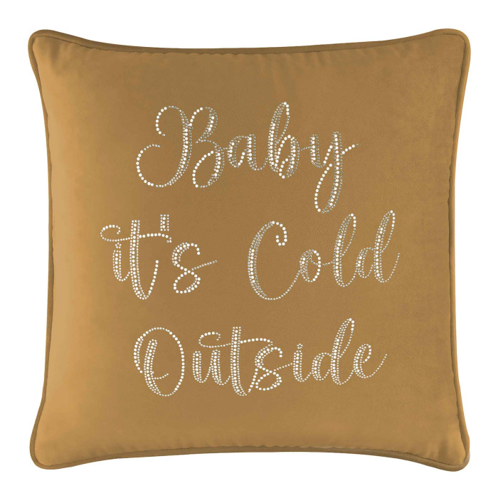 Gold velvet pillow featuring white glass rhinestones with the text "Baby it's Cold Outside" in a whimsical font.