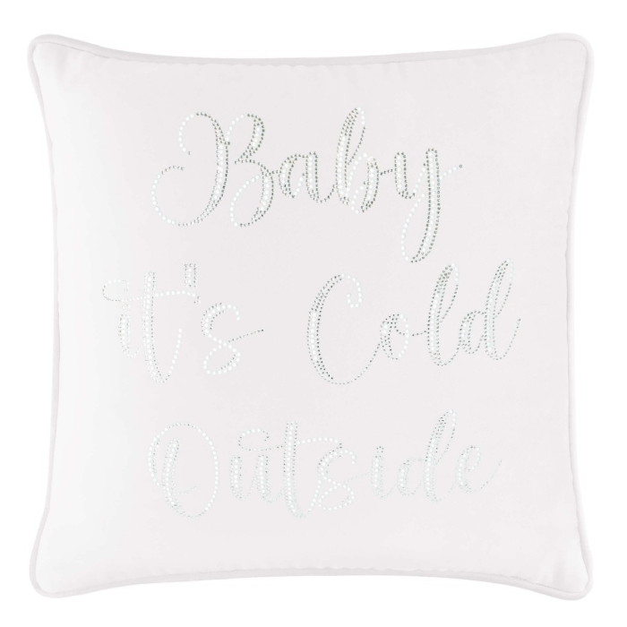 White velvet pillow featuring glass rhinestones arranged in cursive text with a piped edge measuring 16x16 inches.