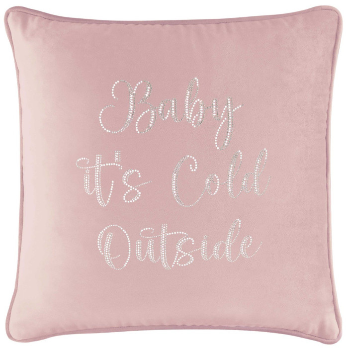 Blush velvet pillow with glass rhinestone lettering "Baby it's Cold Outside" square shape soft texture and piped edges.