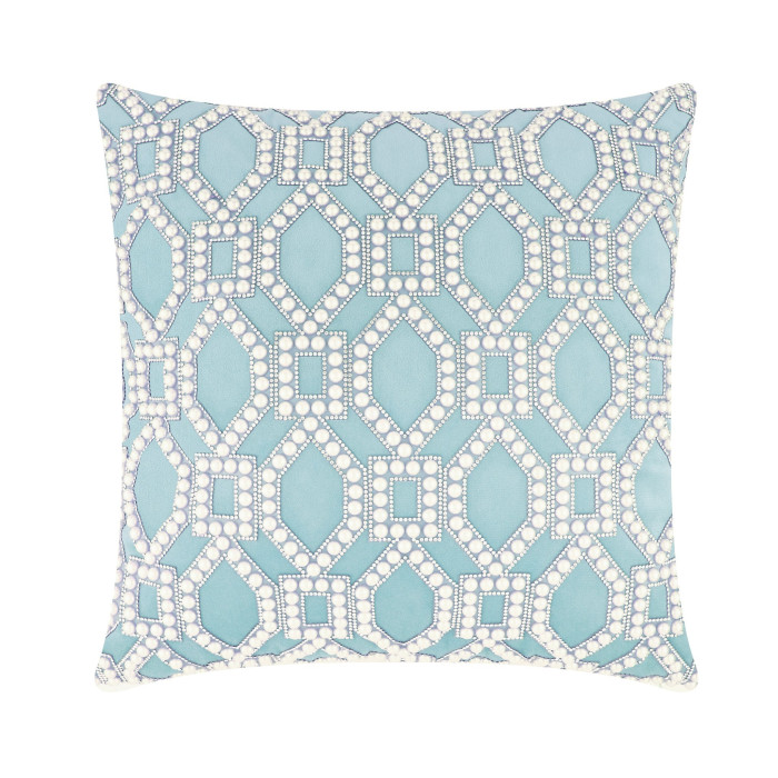 Aqua velvet pillow with art deco design featuring faux pearls and rhinestones in a geometric lattice pattern.