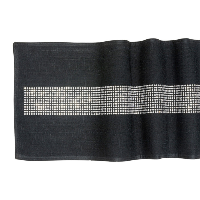 Black table runner with a textured finish and a central band of glass rhinestones arranged in a straight line.