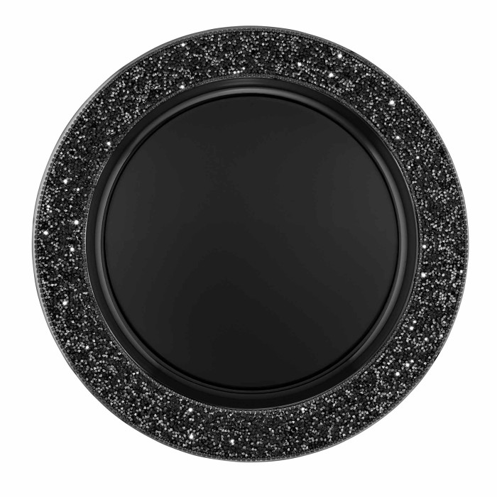 Black circular charger plate with a textured rhinestone band and a smooth inner surface.