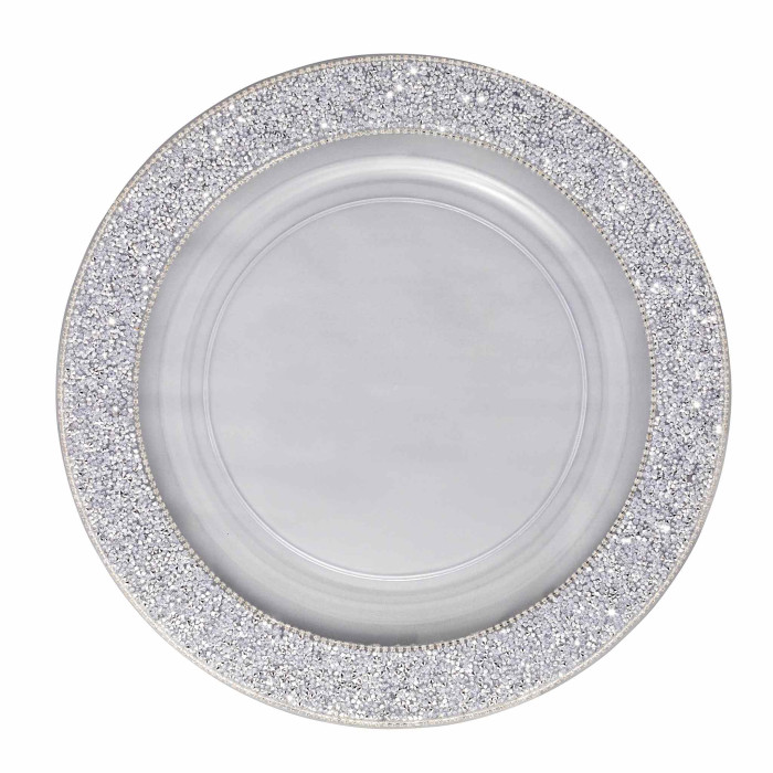 Clear charger plate with a silver rhinestone band around the edge and a smooth inner surface.