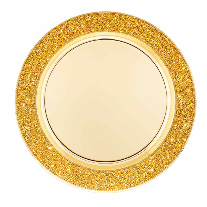 Gold charger plate with a smooth metallic center and a textured glittery gold rim.