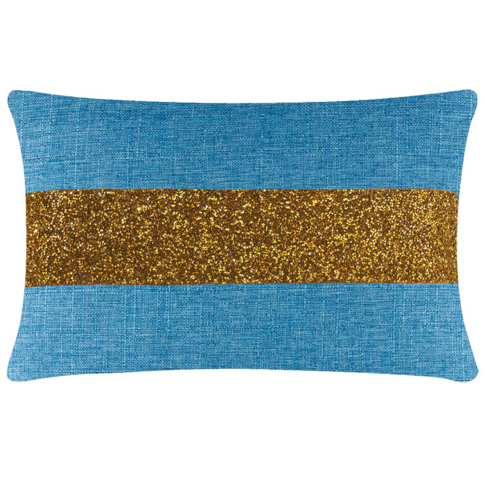 Aqua woven pillow with a gold glitter stripe rectangular shape textured fabric and rounded edges.
