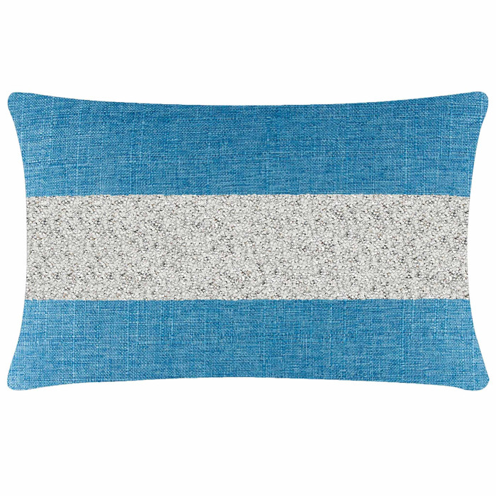 Aqua woven pillow with a silver rhinestone stripe rectangular shape textured fabric and rounded edges.