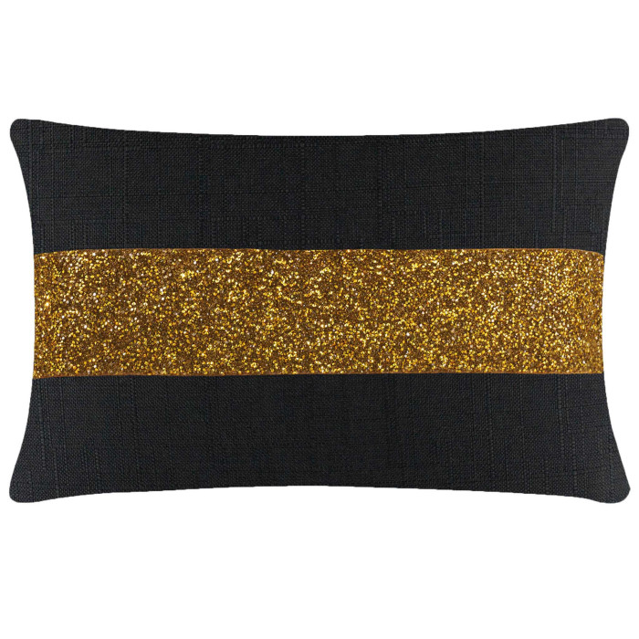 Rectangular pillow with a textured black fabric and a glittery gold stripe across the center.