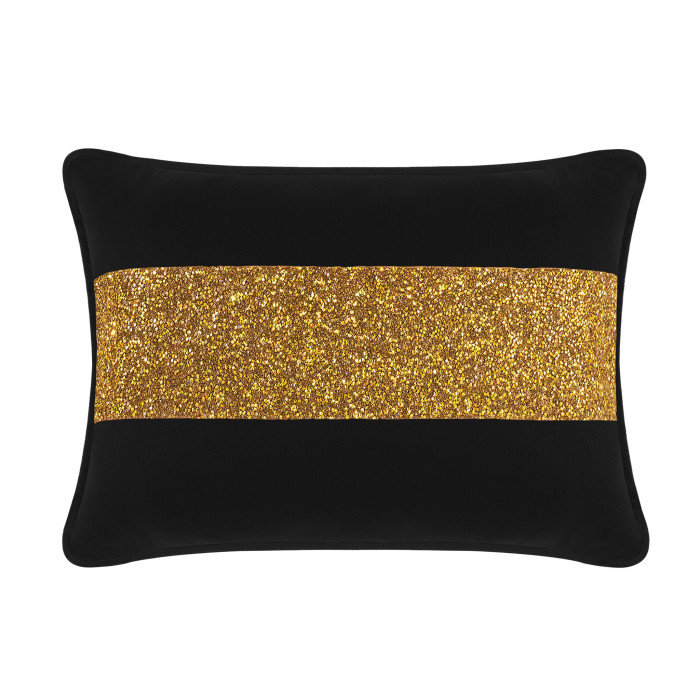 Black velvet pillow with a gold glitter rhinestone stripe rectangular shape plush texture and piped edges.