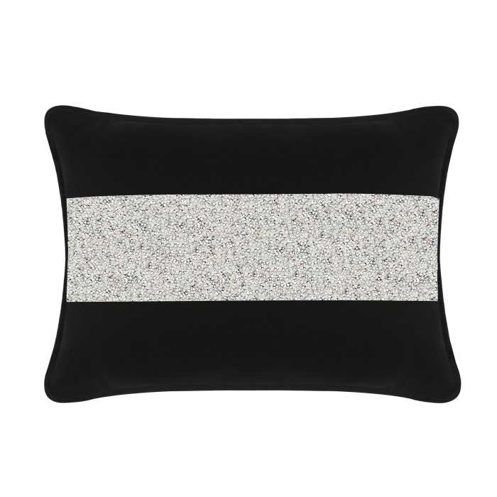 Black velvet pillow with a silver rhinestone stripe rectangular shape smooth texture and piped edges.