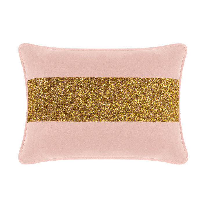 Blush velvet pillow with a gold glitter stripe rectangular shape soft texture and plush filling.