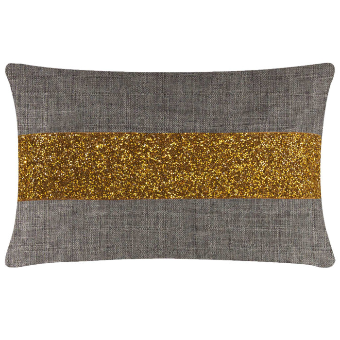 Rectangular pillow with a textured gray fabric featuring a glittery gold rhinestone stripe across the center.