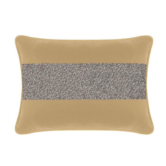 Champagne velvet pillow with a charcoal rhinestone stripe rectangular shape and soft texture featuring piped edges.