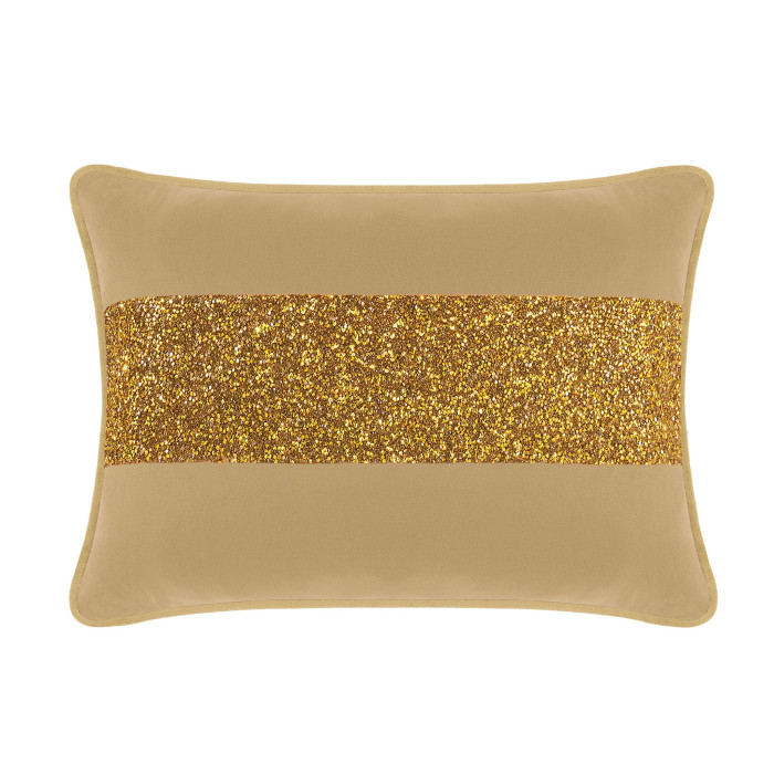 Champagne velvet pillow with a gold rhinestone stripe rectangular shape plush texture and contrasting trim along the edges.