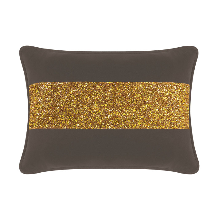 Charcoal velvet pillow with a gold rhinestone stripe rectangular shape plush texture and contrasting dark trim.