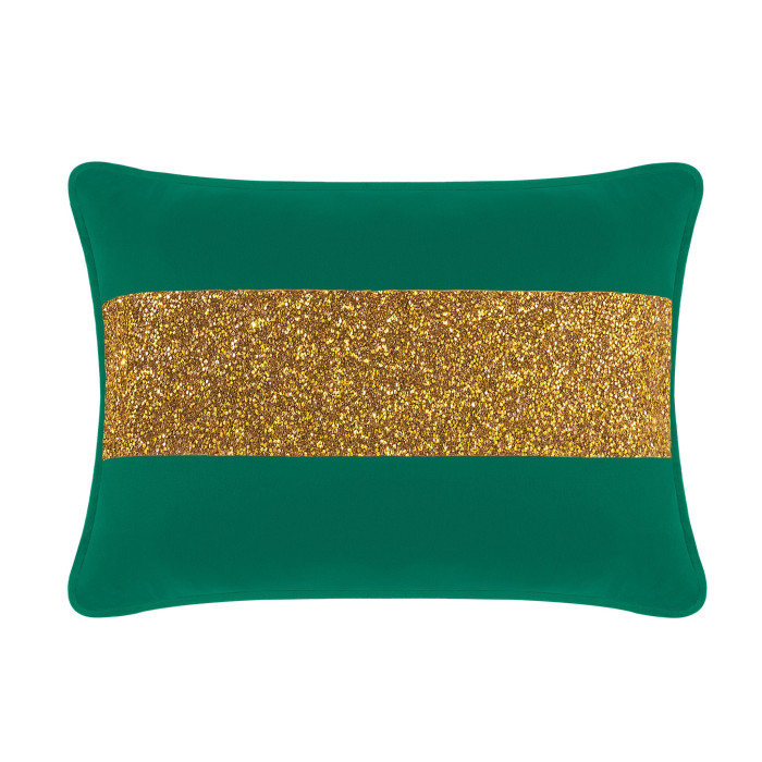 Emerald velvet pillow with a gold glitter stripe rectangular shape smooth texture and rounded edges.