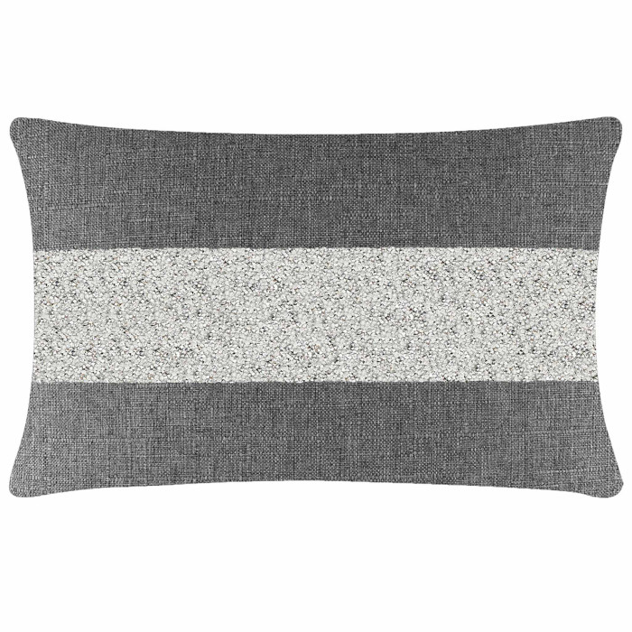 Gray woven pillow with a silver rhinestone stripe featuring a textured surface and a rectangular shape.