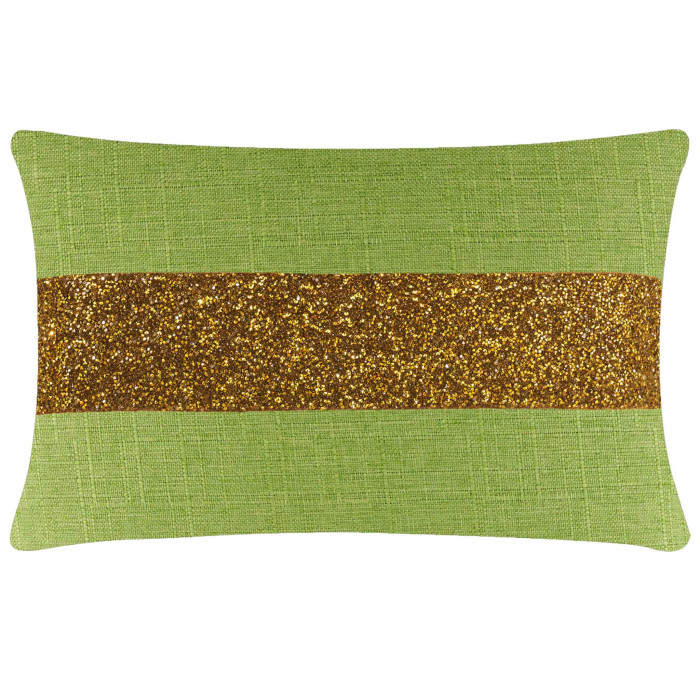 Rectangular lime green pillow with a textured woven surface and a gold glitter stripe across the center.